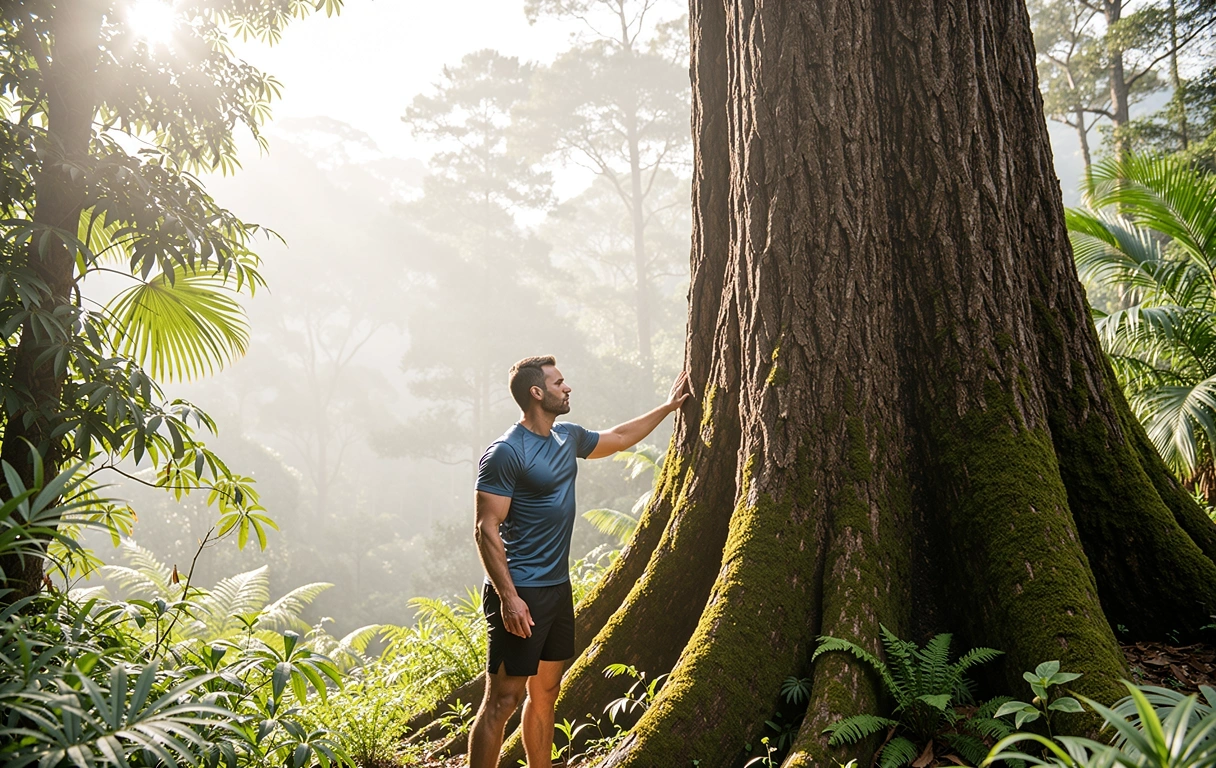 Man connecting with nature in a mountain forest